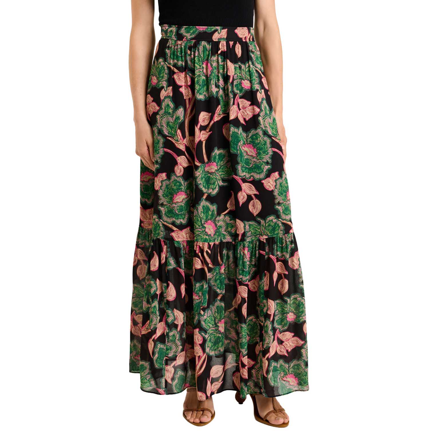 Veronika Maine Noir Batik Bloom Georgette Tiered Maxi Skirt